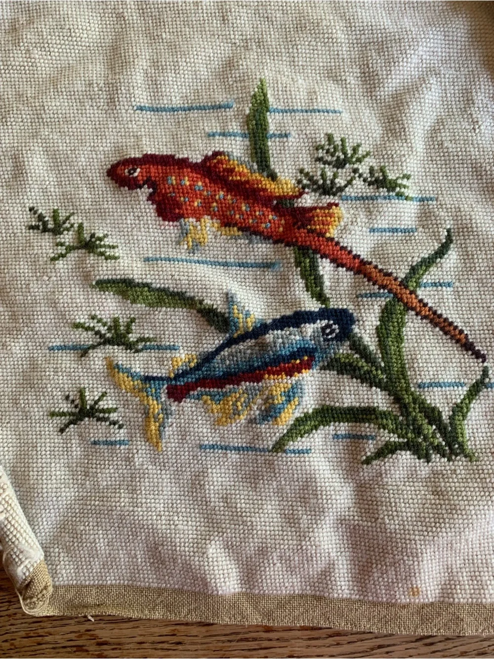 Handmade Needlepoint Fish Fiber Art in Orange and Blue Vintage